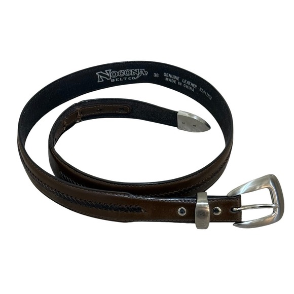 Nocona Belt Men 38 Brown Leather Western Cowboy Rodeo Silver Buckle Workwear - Picture 1 of 6